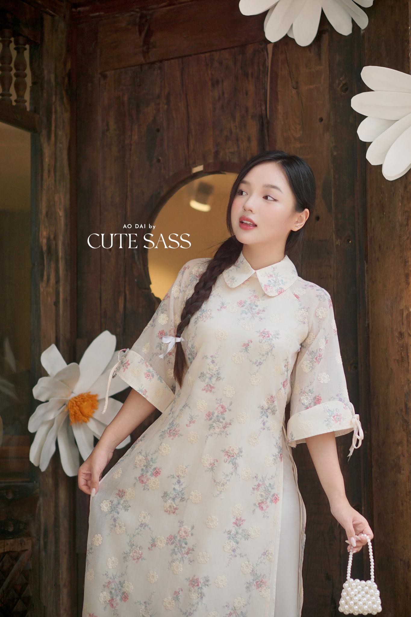 Cream/Beige Peter Pan Collar Floral Ao Dai Top Only, NO PANTS 45D|Pre-made Modernized Vietnamese Ao Dai |Pastel Pink Ao Dai| AoDaibyCuteSass