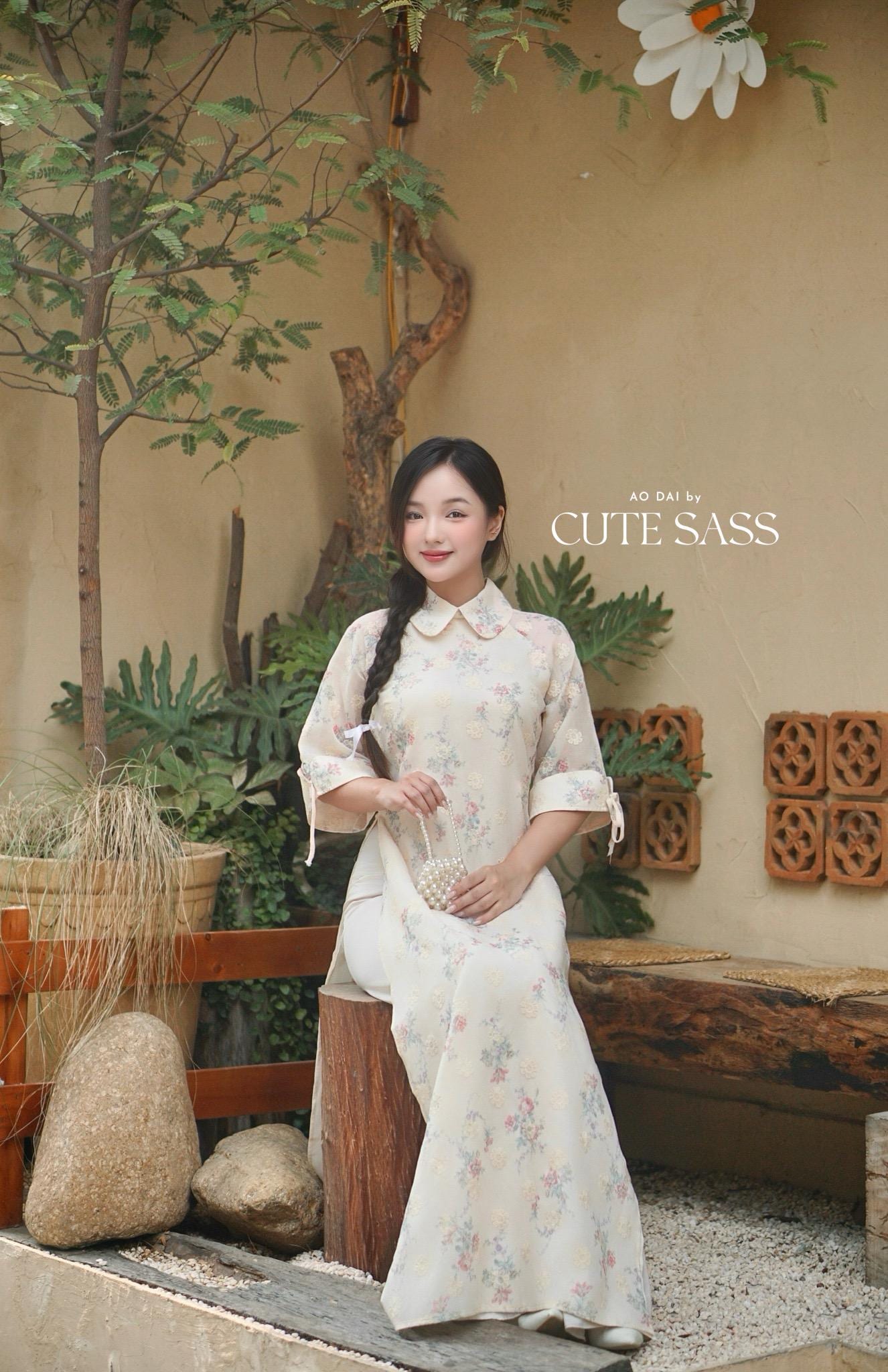 Cream/Beige Peter Pan Collar Floral Ao Dai Top Only, NO PANTS 45D|Pre-made Modernized Vietnamese Ao Dai |Pastel Pink Ao Dai| AoDaibyCuteSass