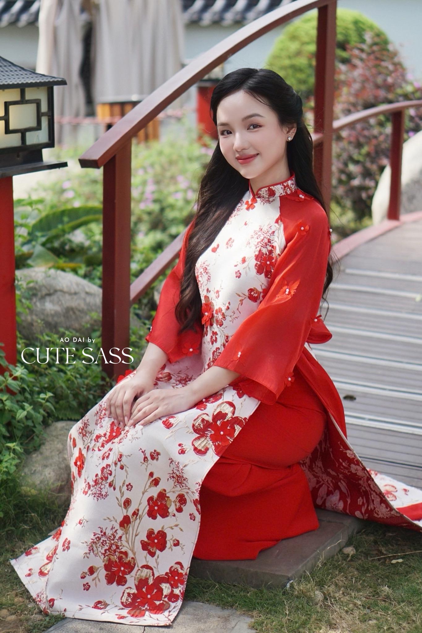 Yen - Red and Gold 3D Flowers Bow Shifted Ao Dai Set 45D|Pre-made Modernized Vietnamese Ao Dai | Lunar New Year| AoDaibyCuteSass