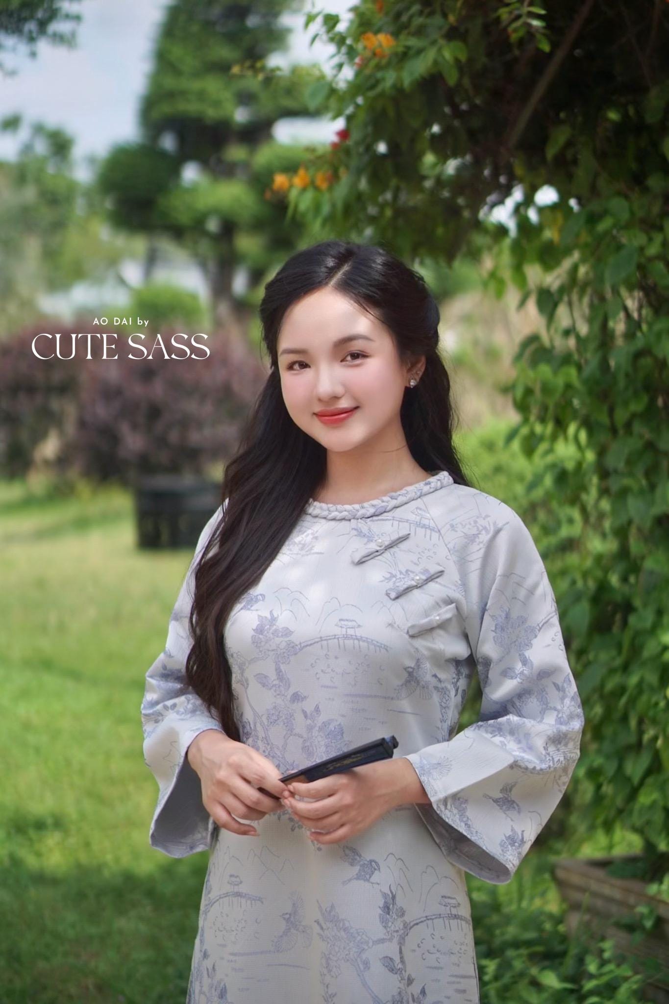 Yen - Silver/Blue Mountain Bows Ao Dai Top Only, No Pants 43A AoDaibyCuteSass