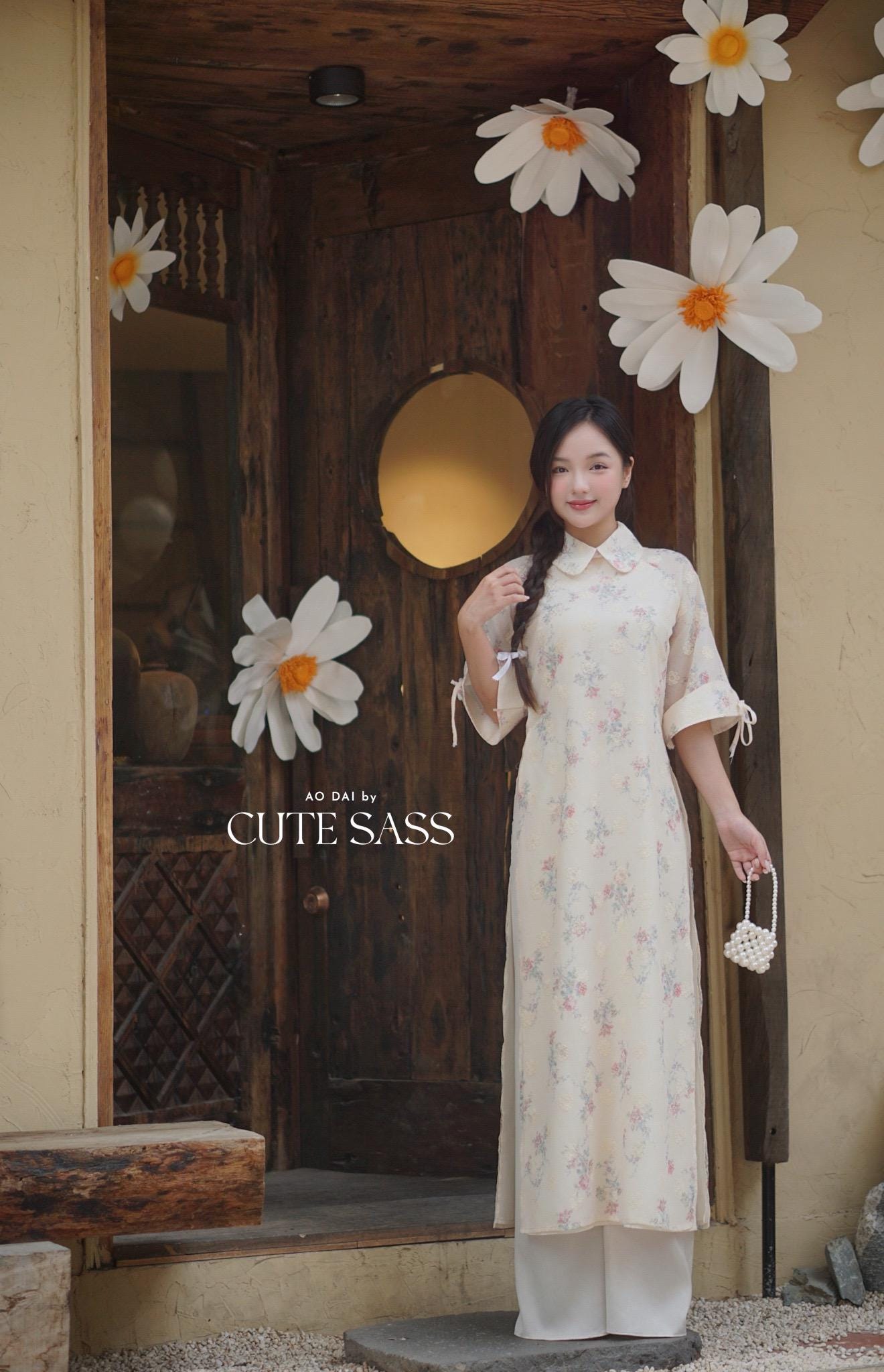 Cream/Beige Peter Pan Collar Floral Ao Dai Top Only, NO PANTS 45D|Pre-made Modernized Vietnamese Ao Dai |Pastel Pink Ao Dai| AoDaibyCuteSass