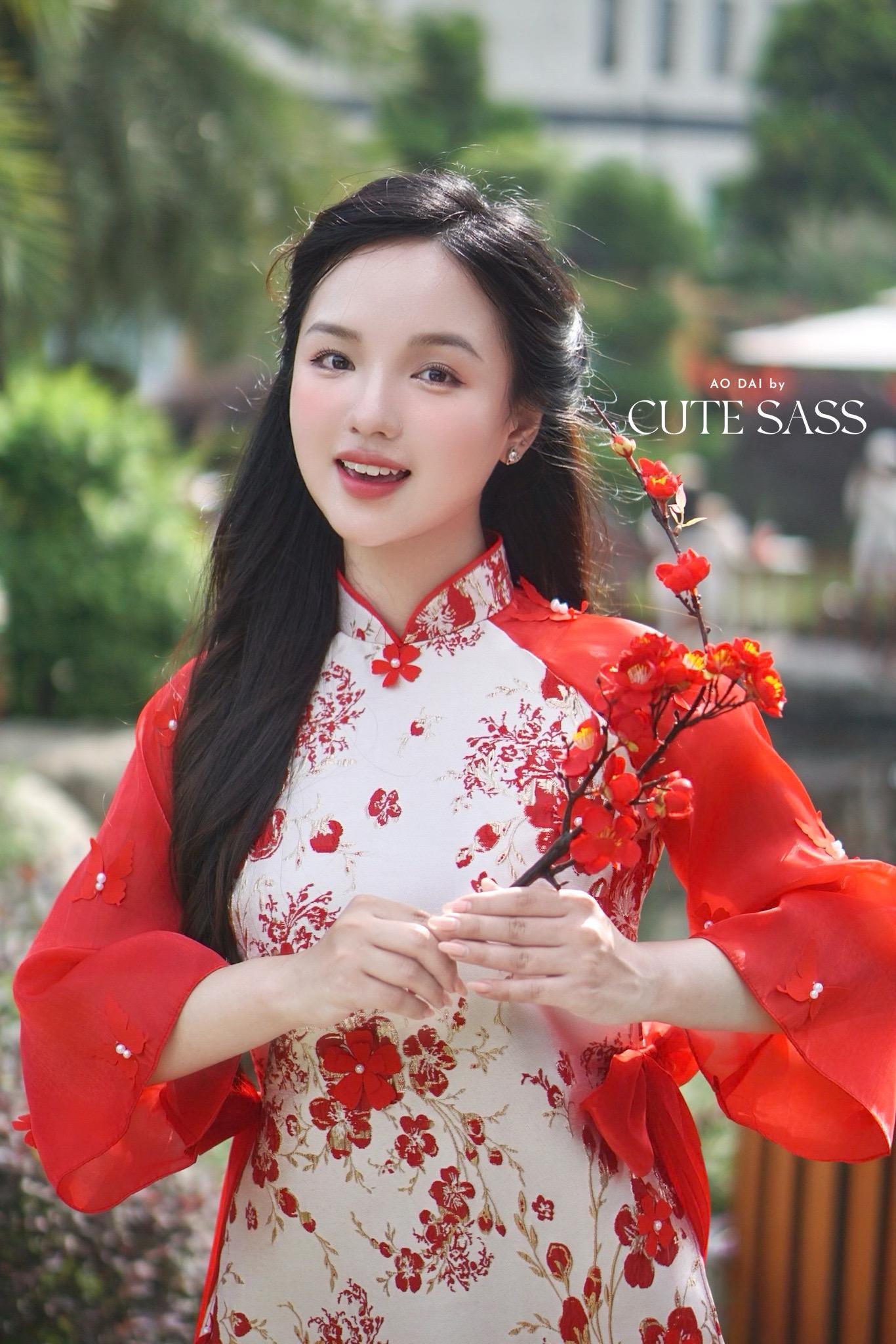 Yen - Red and Gold 3D Flowers Bow Shifted Ao Dai Set 45D|Pre-made Modernized Vietnamese Ao Dai | Lunar New Year| AoDaibyCuteSass