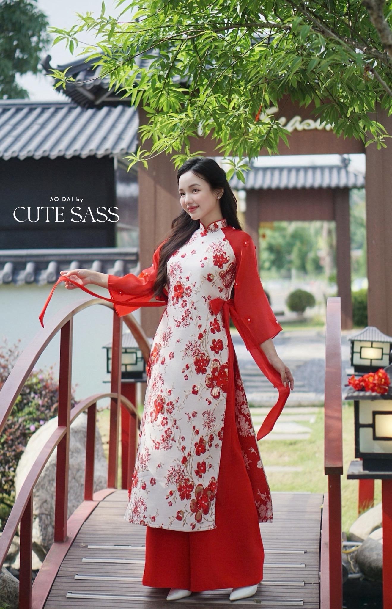 Yen - Red and Gold 3D Flowers Bow Shifted Ao Dai Set 45D|Pre-made Modernized Vietnamese Ao Dai | Lunar New Year| AoDaibyCuteSass