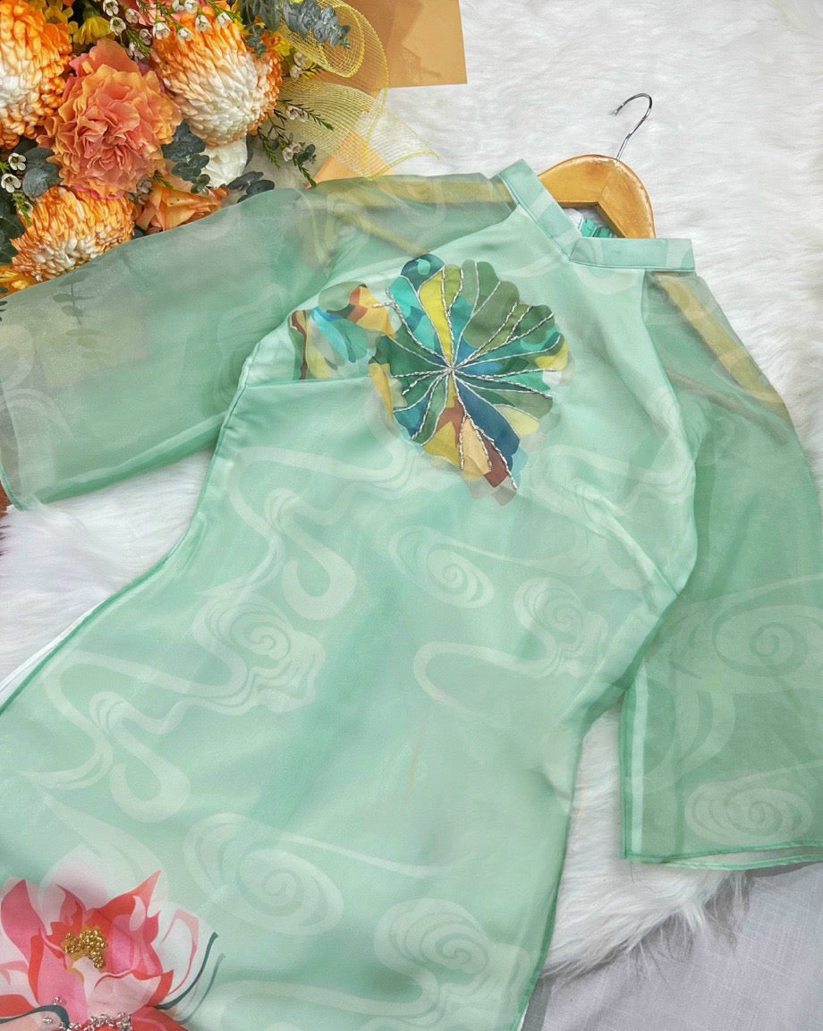 Cyan Lotus Pond Chiffon Ao Dai Set