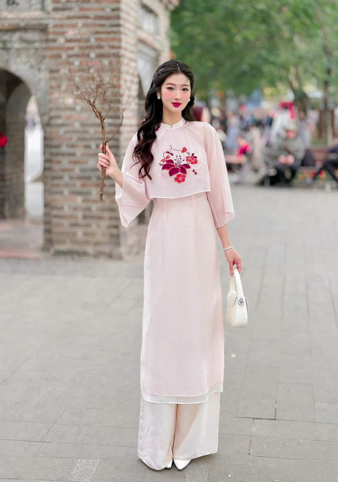 Blush Button Embroidery Ao Dai Set