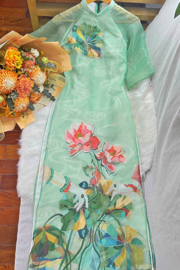 Cyan Lotus Pond Chiffon Ao Dai Set