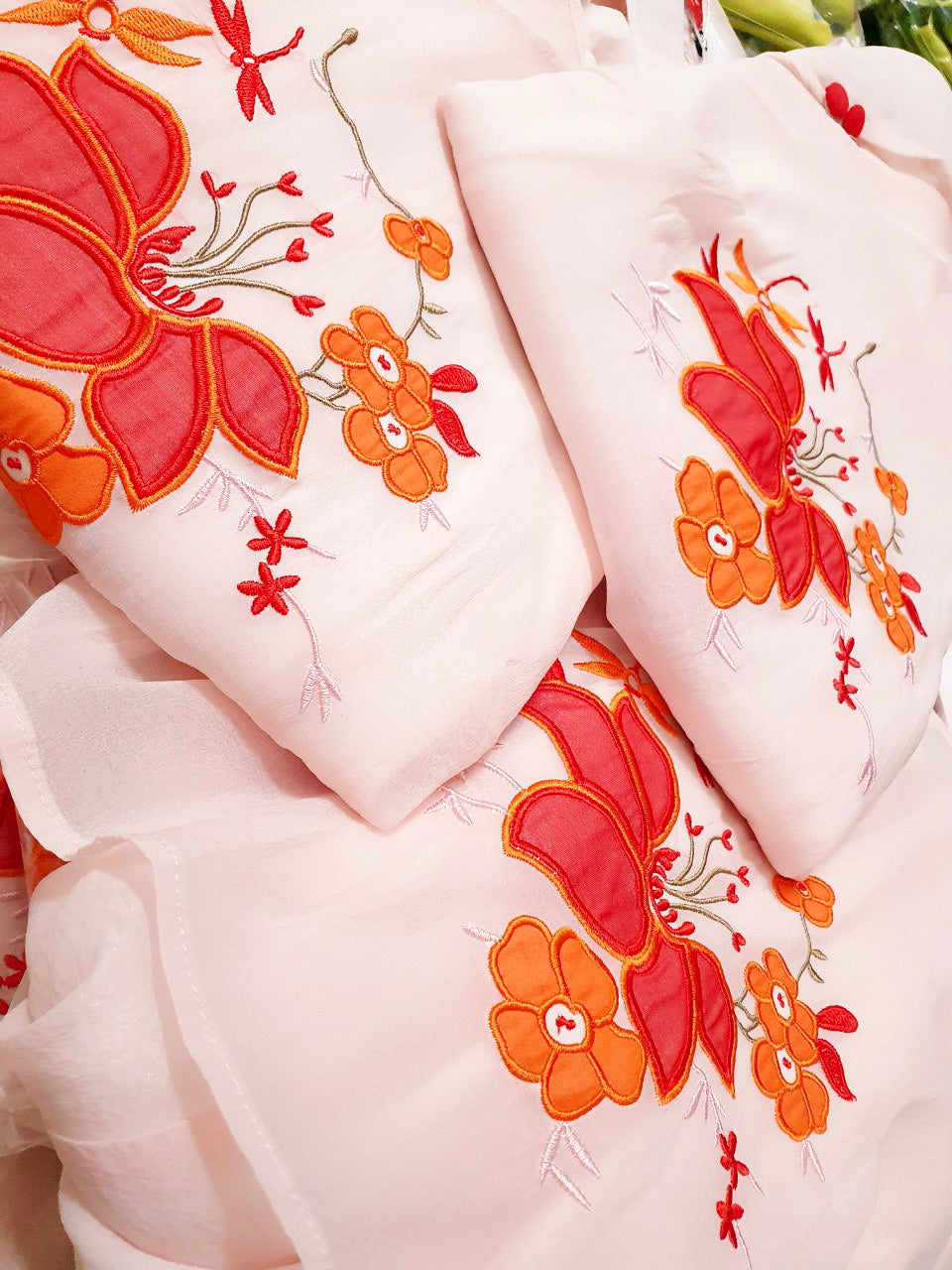 Blush Button Embroidery Ao Dai Set