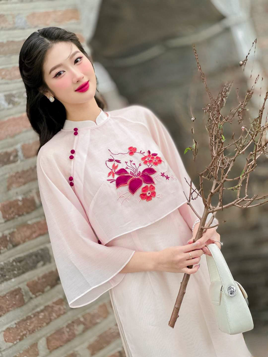 Blush Button Embroidery Ao Dai Set