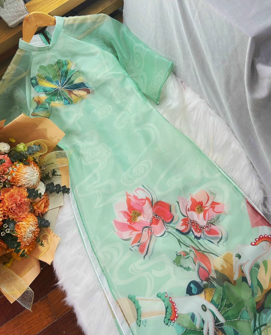 Cyan Lotus Pond Chiffon Ao Dai Set