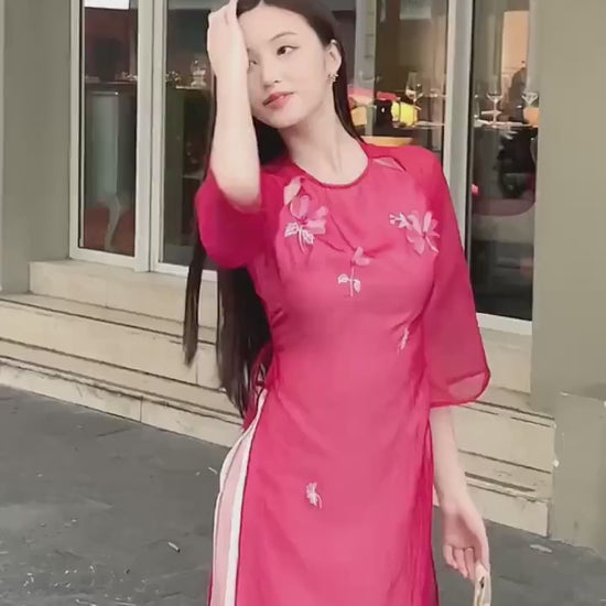 Red Embroidery Ao Dai Set