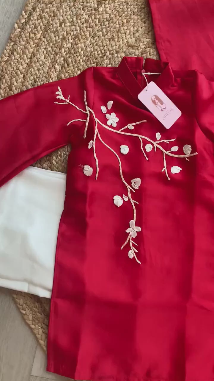 Mom and Daughter Red Ribbons Matching Ao Dai Set