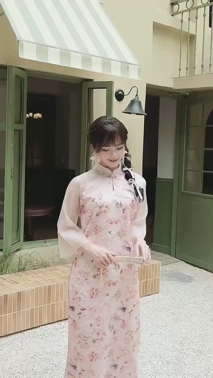 Pink Floral Pearls Ao Dai Set with Cream/Beige Pants 27C