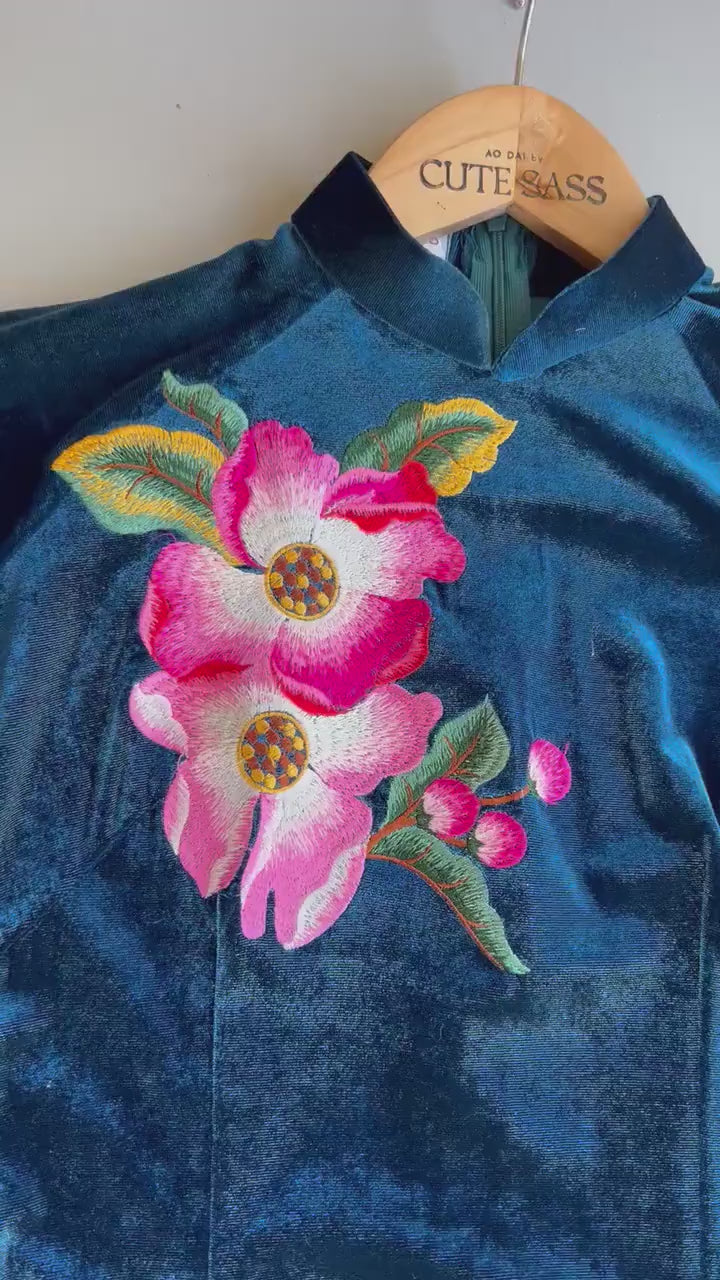 Prussian Blue Embroidery Velvet Ao Dai Top Only, NO PANTS