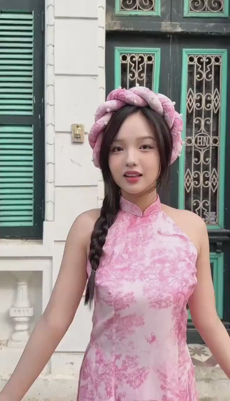 Pink Printed Yem-Inspired Ao Dai Top and Headband, No Pants, No Scarf FL