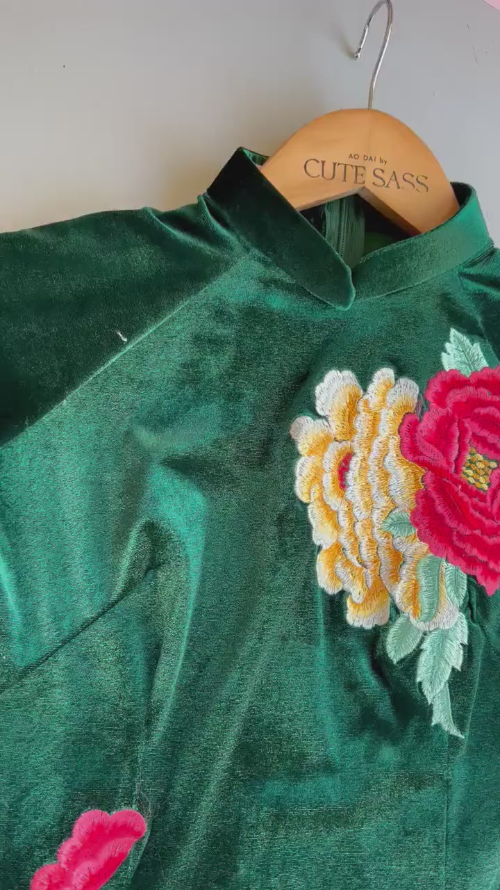 Green Embroidery Velvet Ao Dai Top Only, NO PANTS