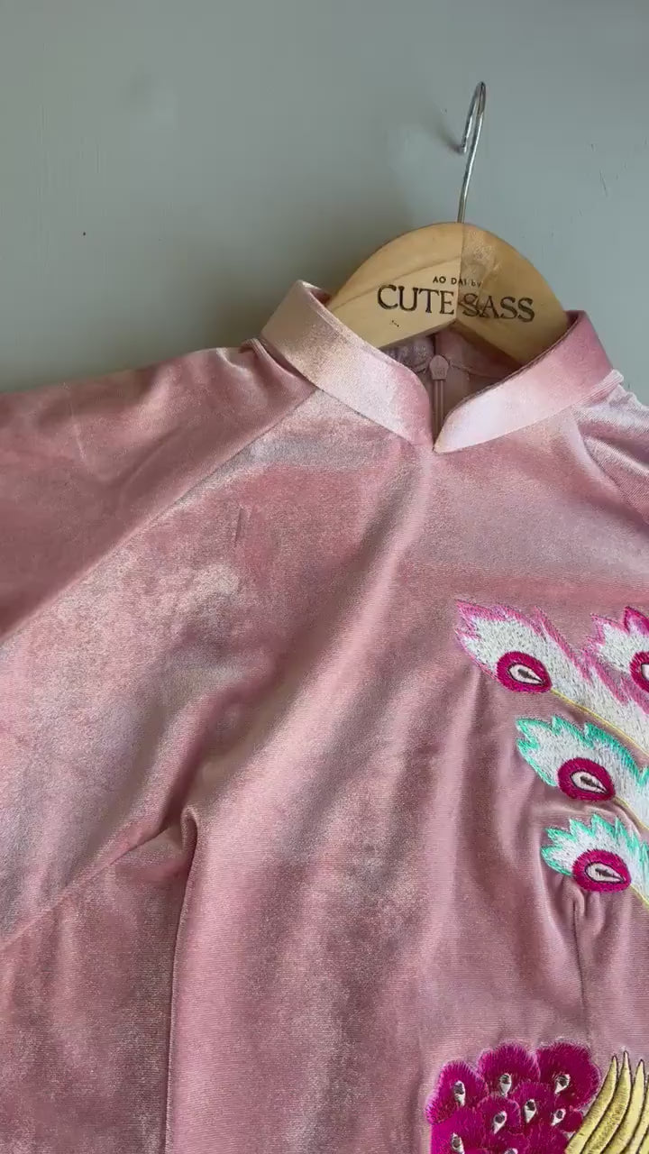 Light Pink Embroidery Velvet Ao Dai Top Only, NO PANTS