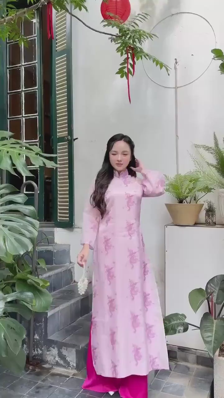 Light Pink Printed Phoenix Ao Dai Set with Hot Pink Pants 20-21C