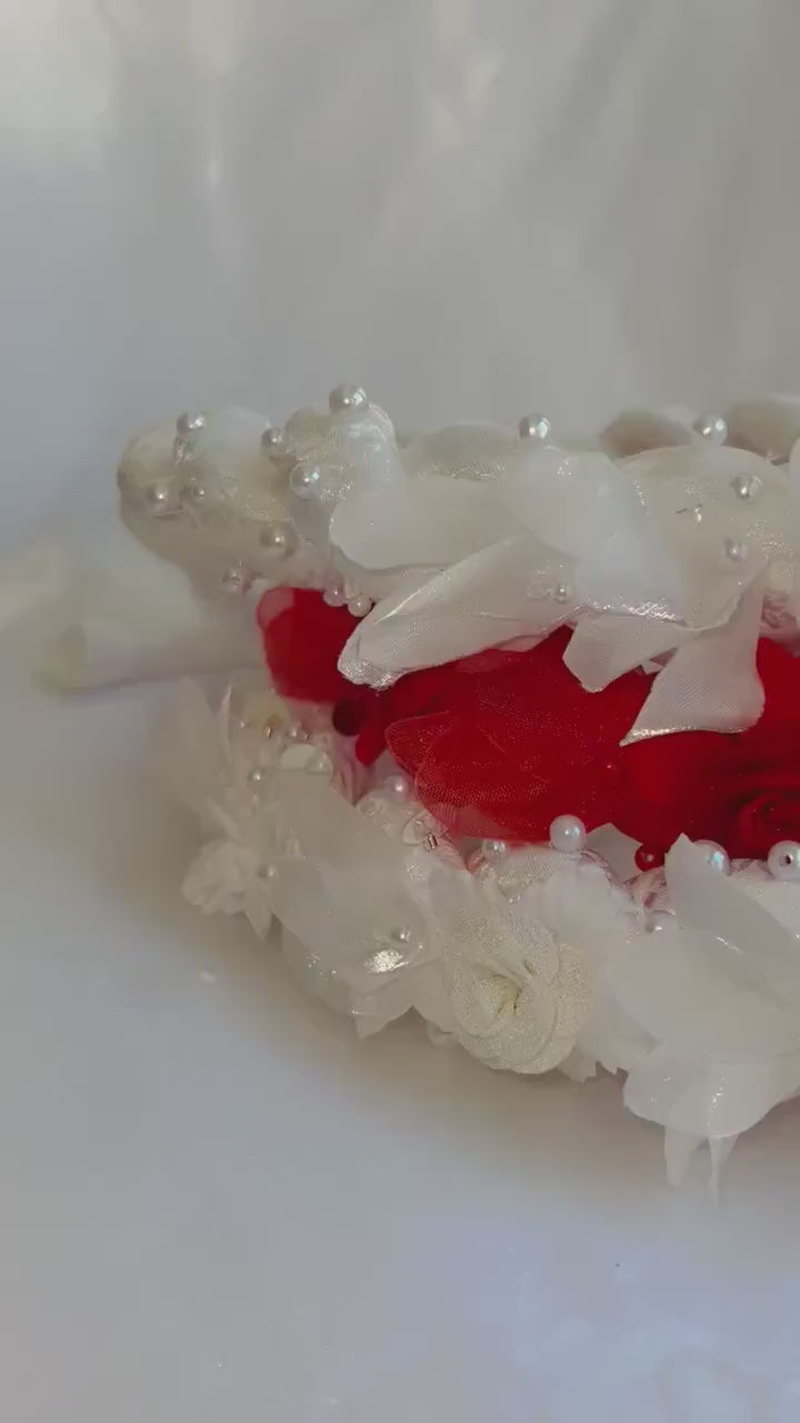White / Red Headband with 3D Flowers - Mấn