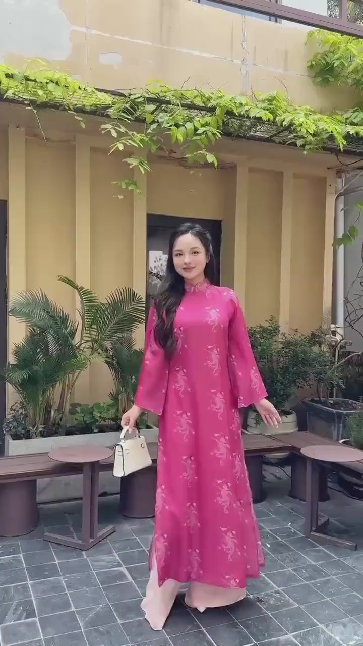 Hot Pink Printed Phoenix Ao Dai Set with Peach Pants 20-21C