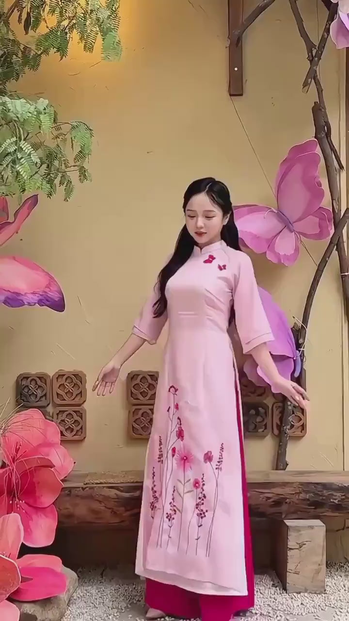 Pink Chiffon 3D Butterflies Ao Dai Set