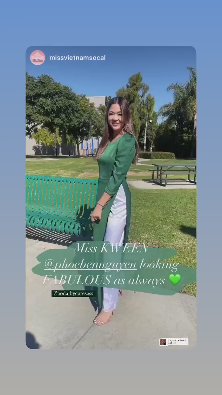 Green Puffy Sleeve Square Neck Silk Ao Dai Top Only (NO PANTS)