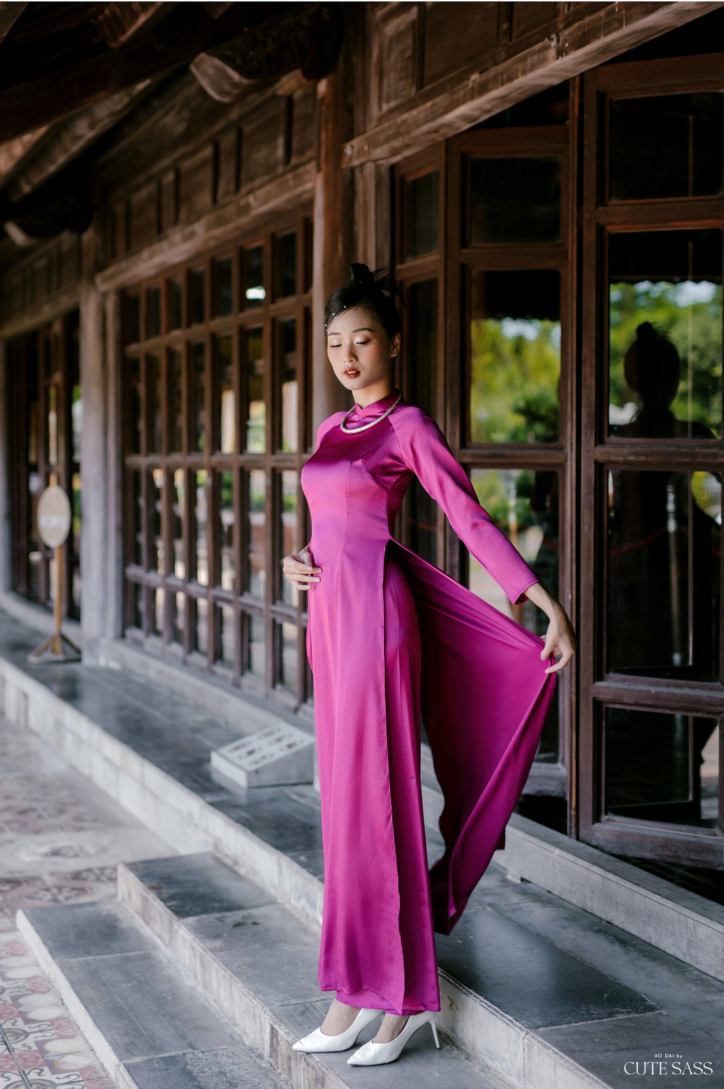 Carmine Hai Da Silk Plain Ao Dai Set