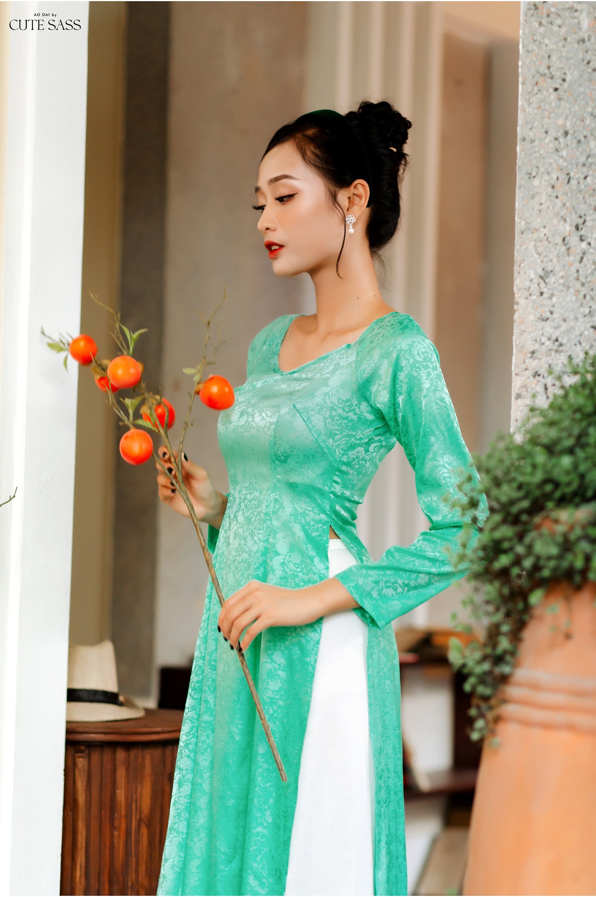 Cyan V Neck Gam Silk Ao Dai Set