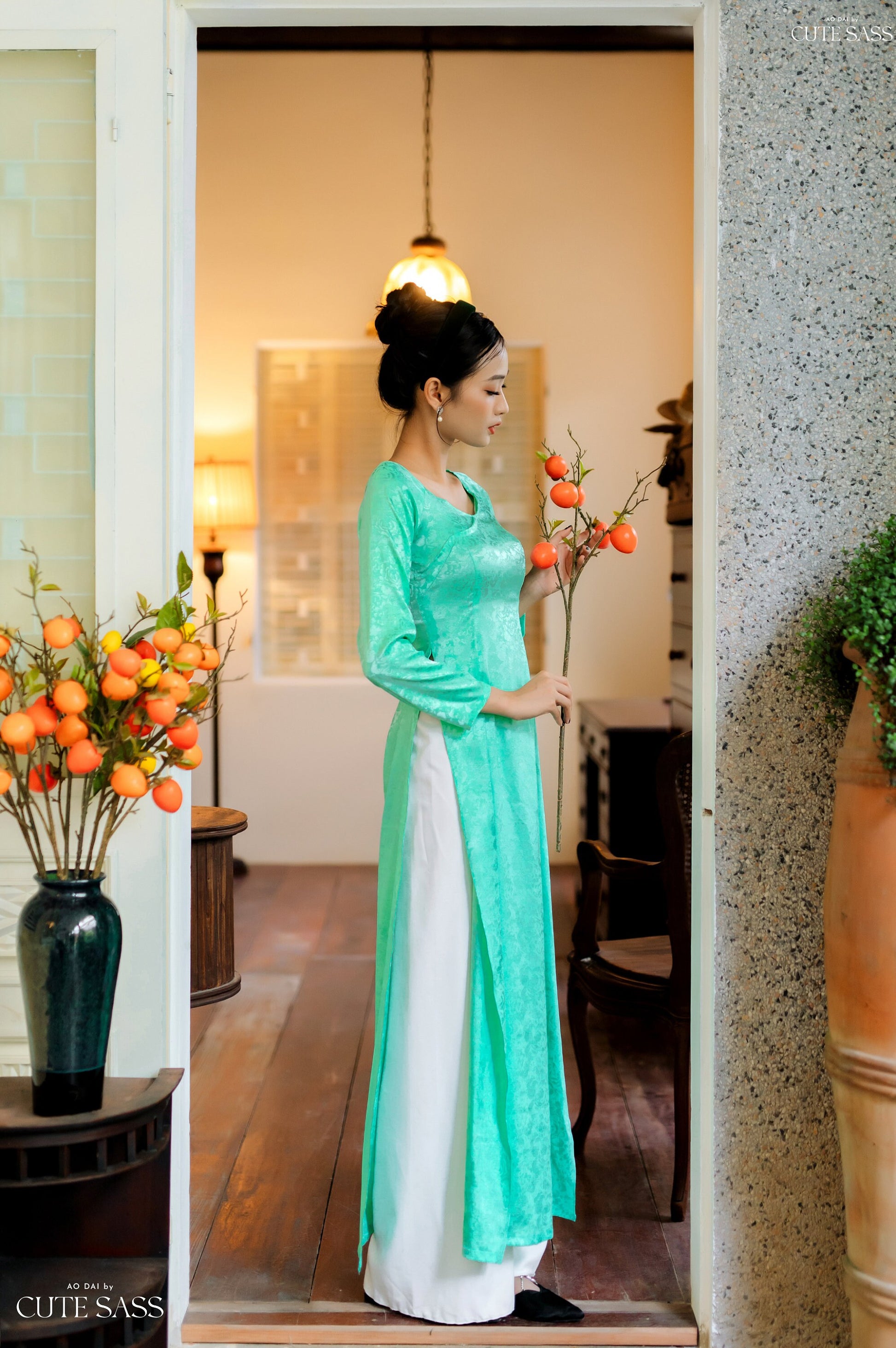 Cyan V Neck Gam Silk Ao Dai Set