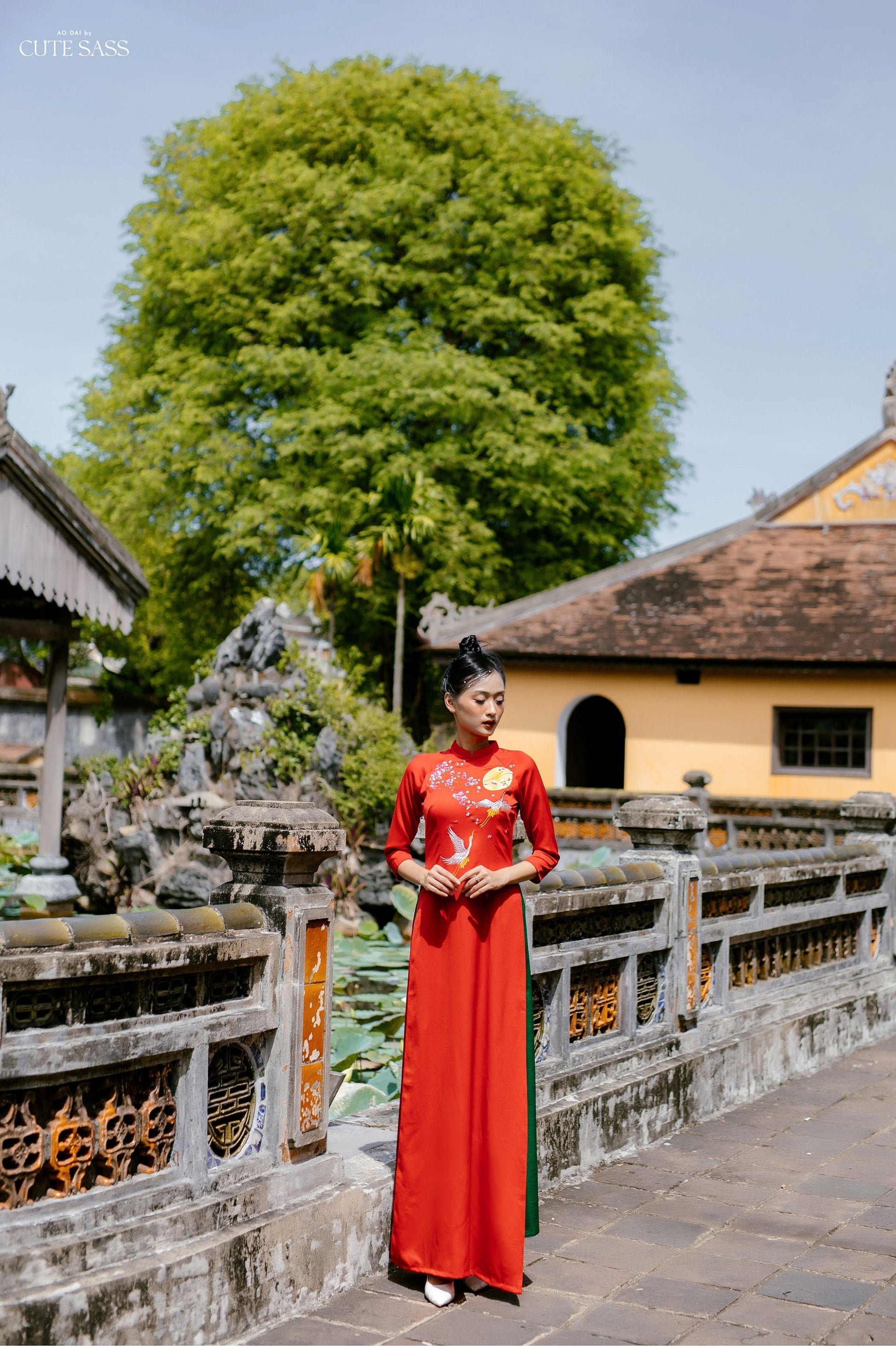 Red Moon Embroidery Silk Ao Dai Top Only (NO PANTS) | Pre-made Traditional Vietnamese Ao Dai | Lunar New Year |