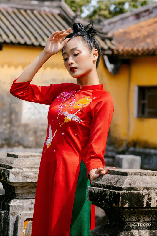 Red Moon Embroidery Silk Ao Dai Top Only (NO PANTS) | Pre-made Traditional Vietnamese Ao Dai | Lunar New Year |