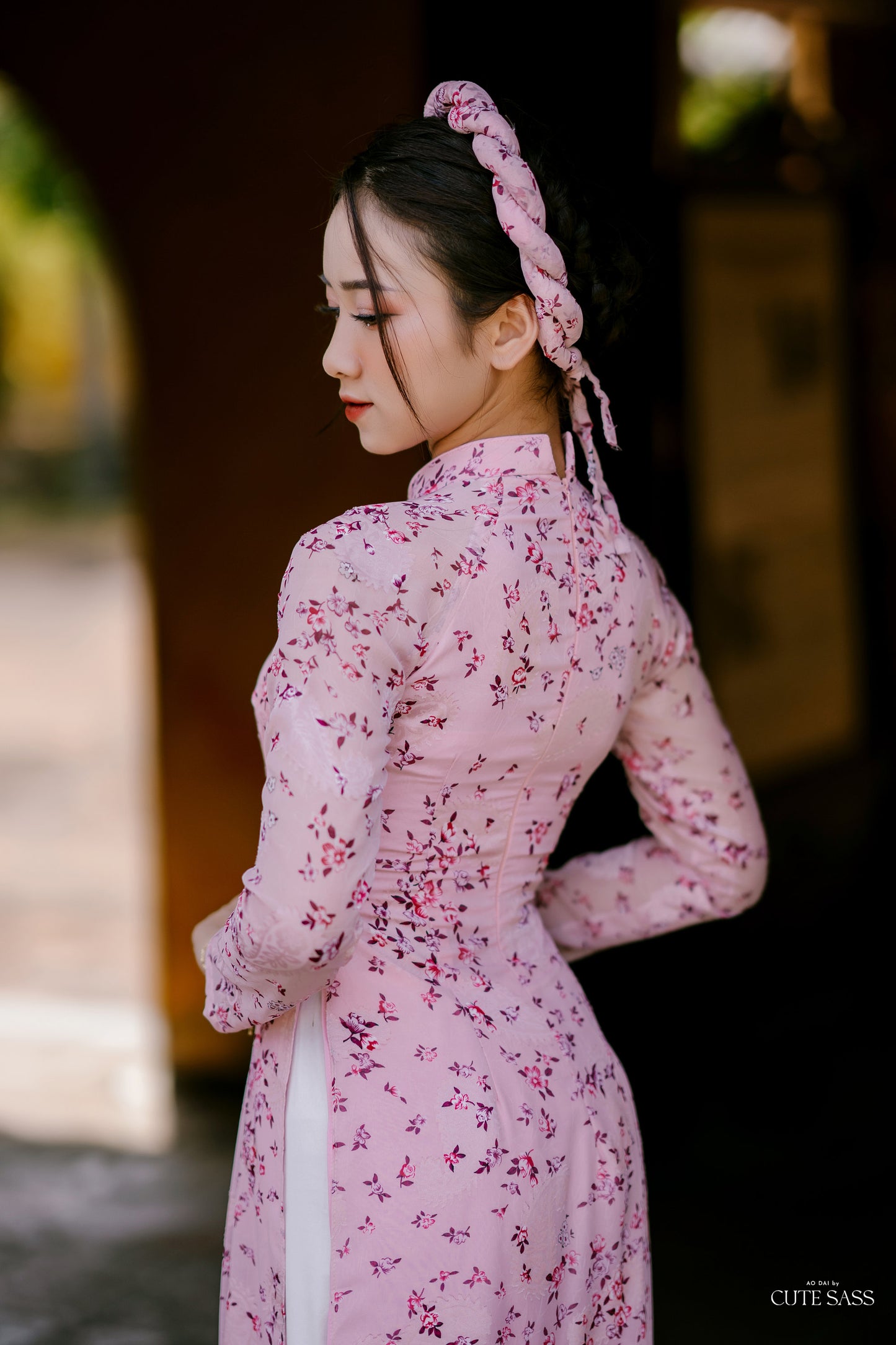 Pink Mini Flowers Chiffon Ao Dai Set with Headband