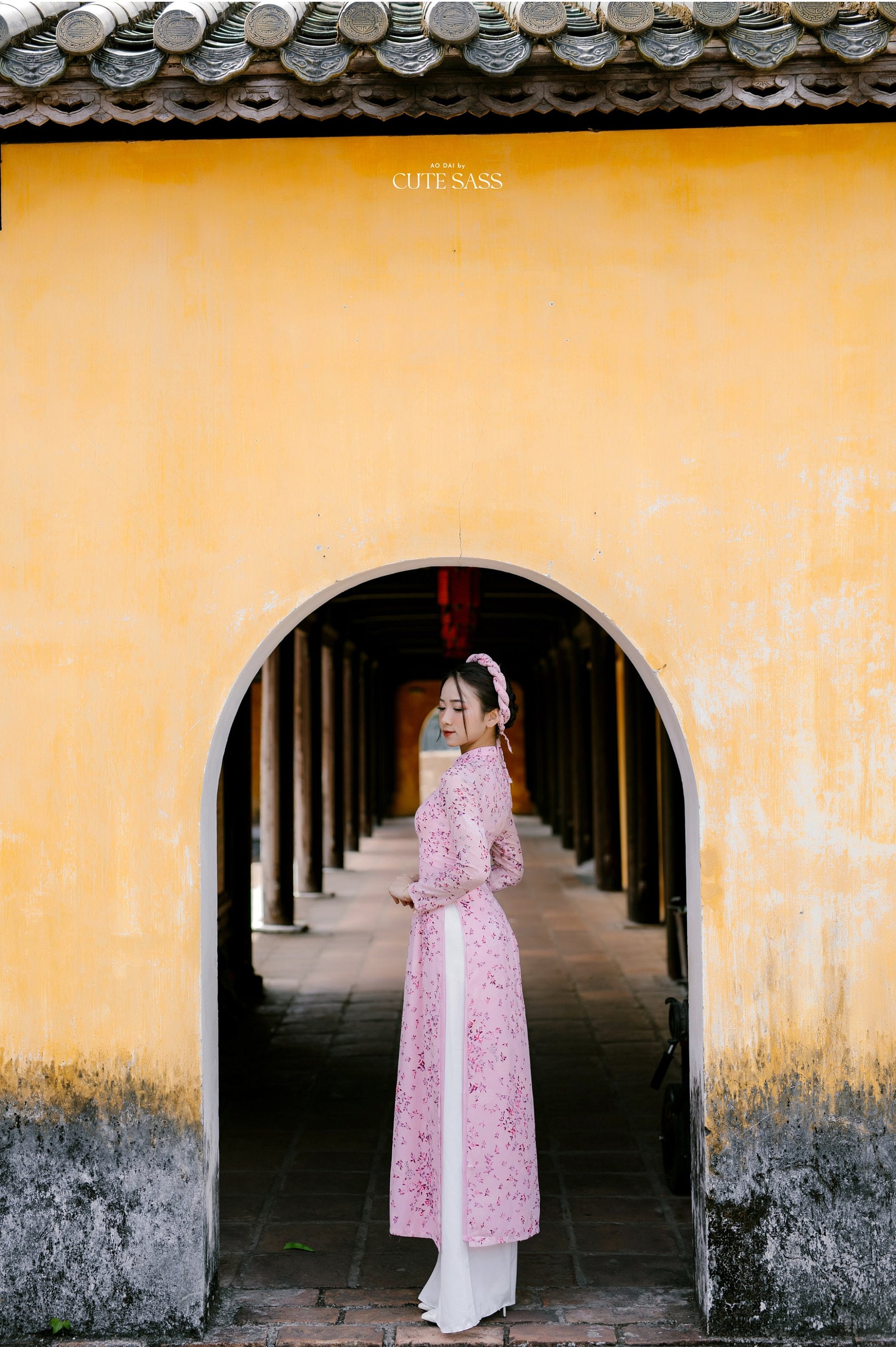 Pink Mini Flowers Chiffon Ao Dai Set with Headband