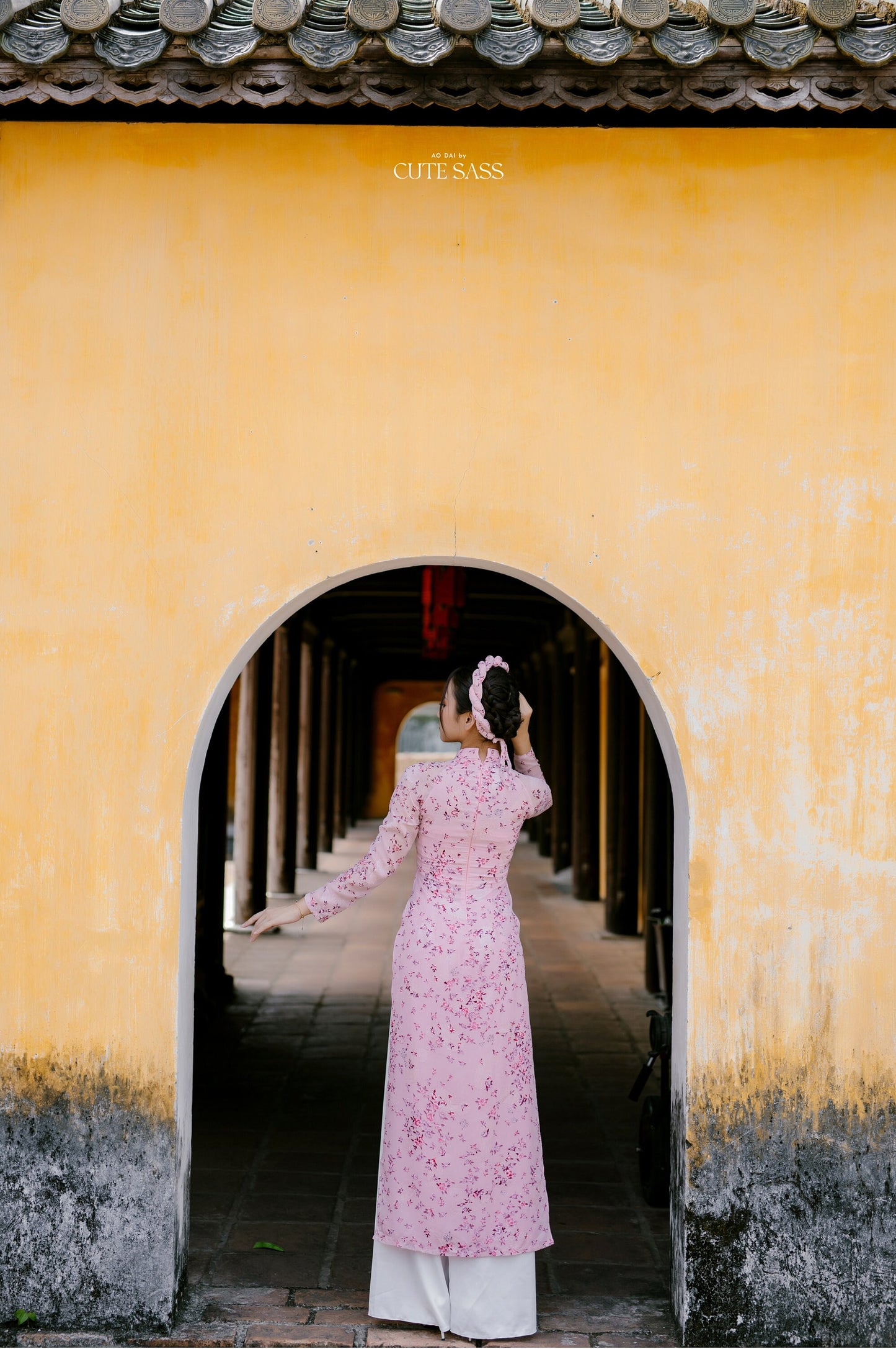 Pink Mini Flowers Chiffon Ao Dai Set with Headband