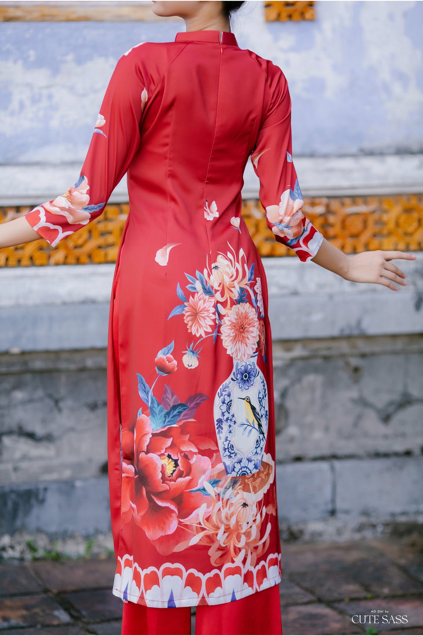 Red Vase Ao Dai Set | Pre-made Modernized Vietnamese Ao Dai| Women Ao Dai with Pants | Lunar New Year| Ao Dai Truyen Thong| Ao Dai Cach Tan