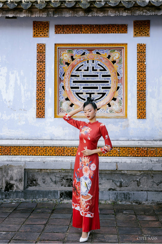 Red Vase Ao Dai Set | Pre-made Modernized Vietnamese Ao Dai| Women Ao Dai with Pants | Lunar New Year| Ao Dai Truyen Thong| Ao Dai Cach Tan