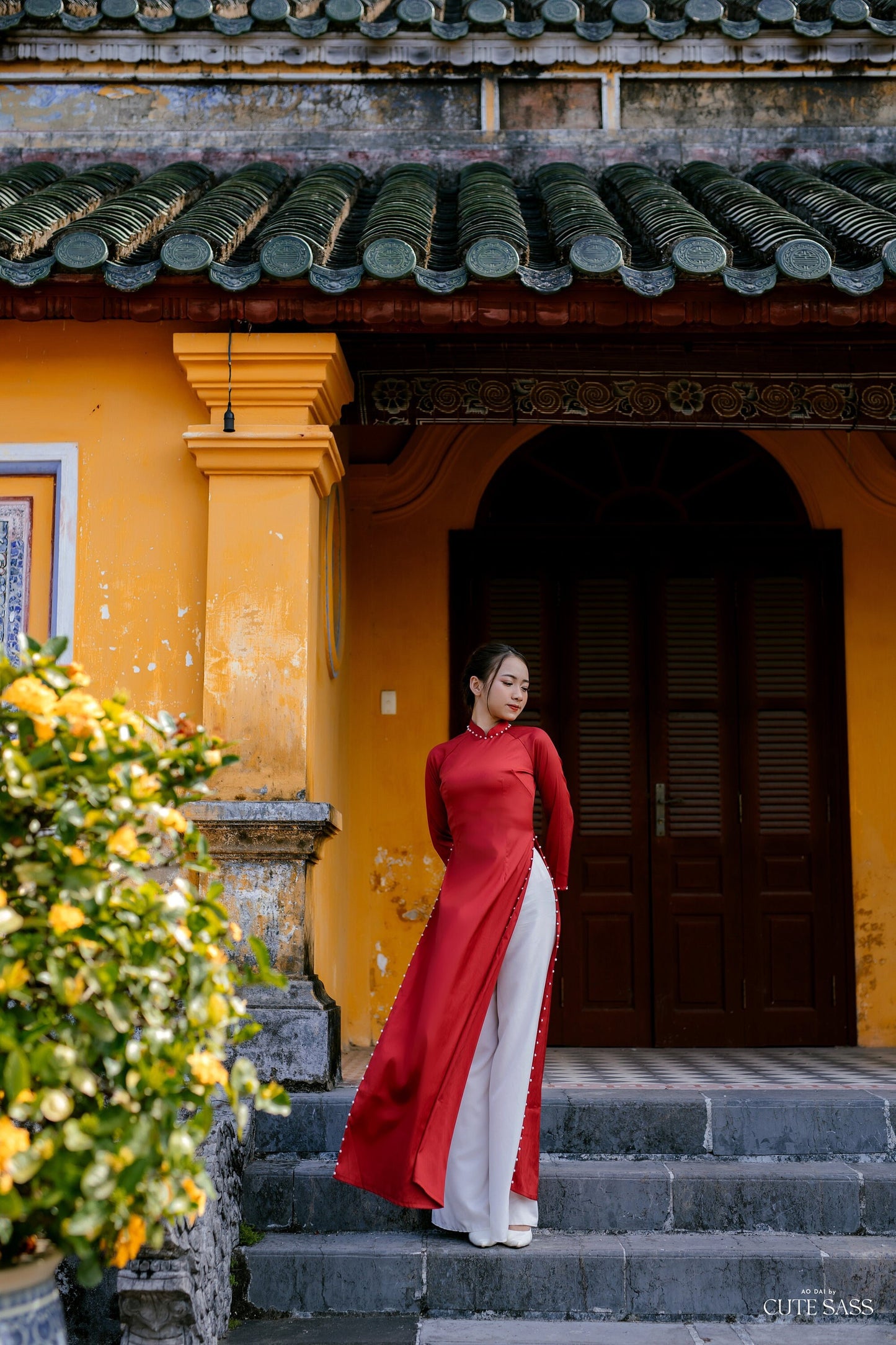 Plain Pearls Ao Dai Set | Pre-made Traditional Vietnamese Ao Dai| Women Ao Dai with Pants | Lunar New Year| Ao Dai Truyen Thong | D1