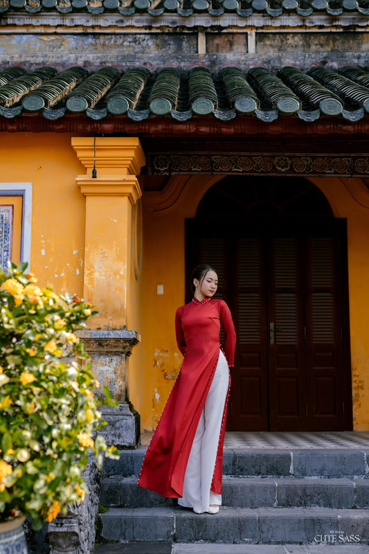 Plain Pearls Ao Dai Set | Pre-made Traditional Vietnamese Ao Dai| Women Ao Dai with Pants | Lunar New Year| Ao Dai Truyen Thong | D1