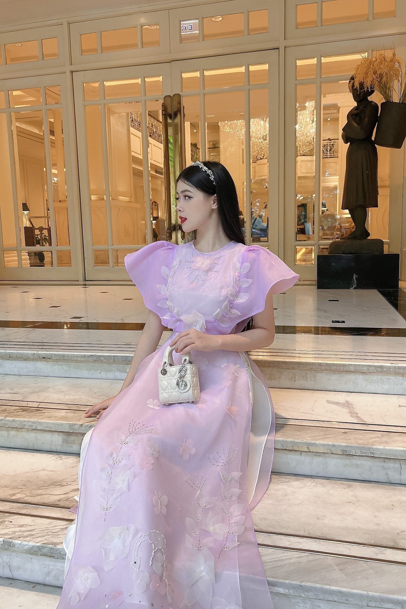Wing Sleeve Purple Ao Dai Set
