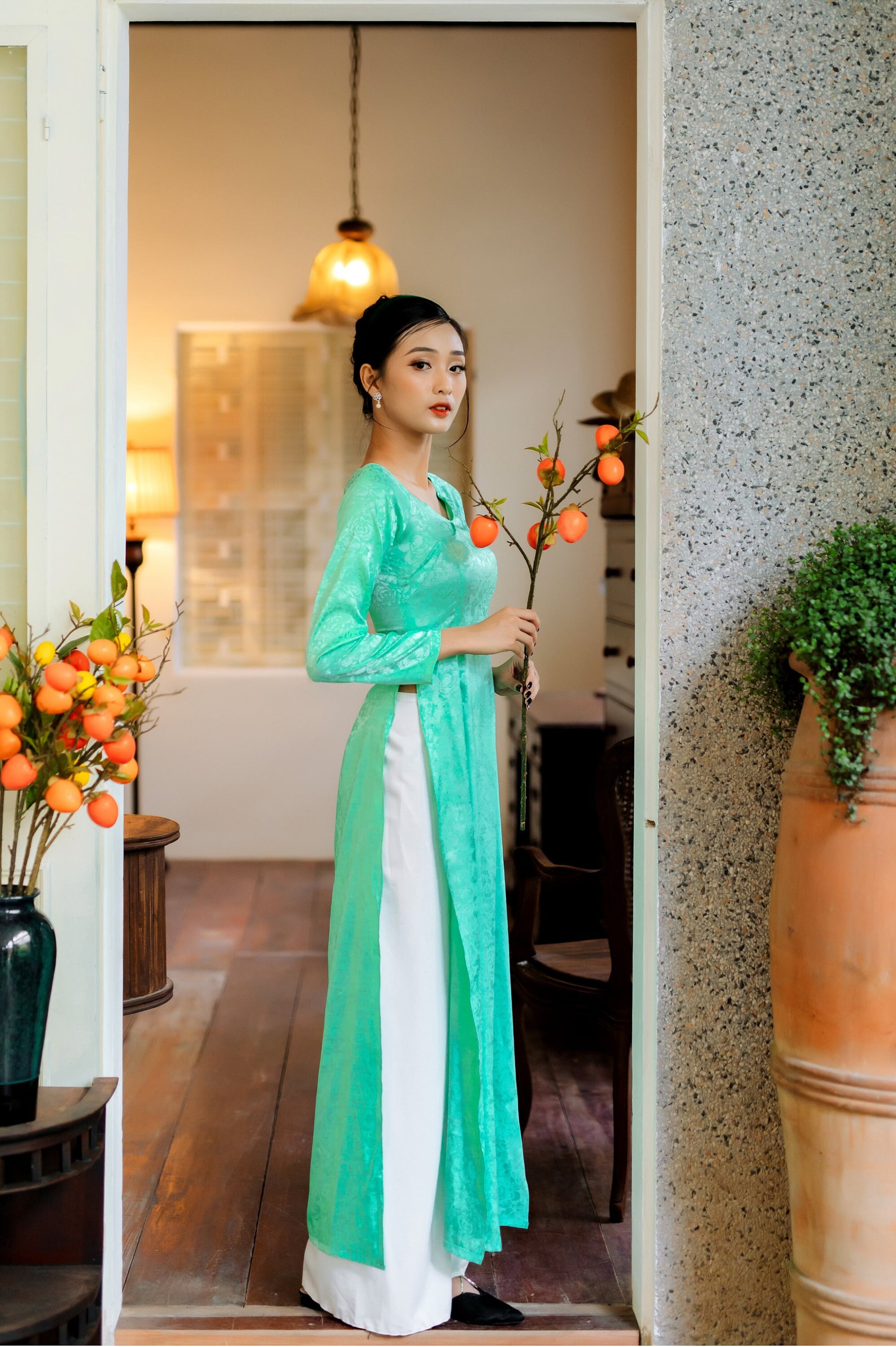 Cyan V Neck Gam Silk Ao Dai Set