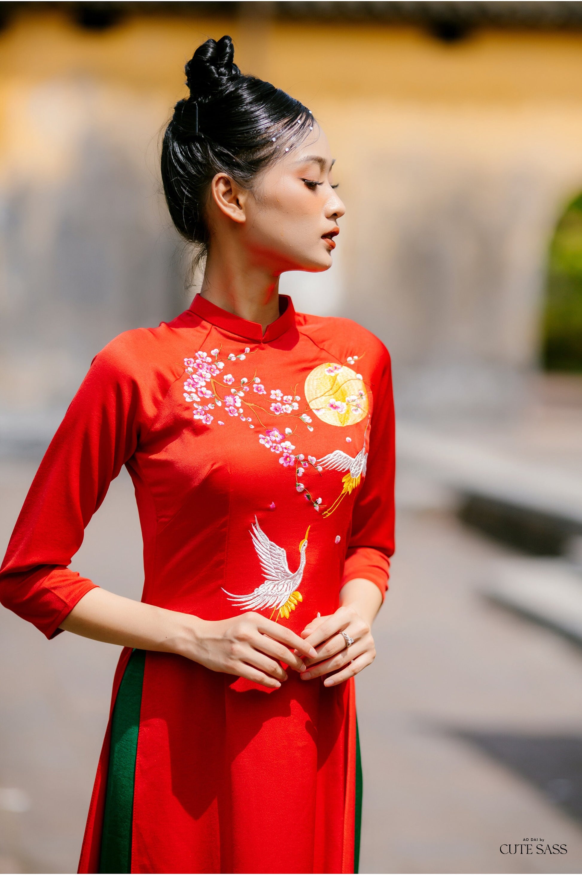 Red Moon Embroidery Silk Ao Dai Top Only (NO PANTS) | Pre-made Traditional Vietnamese Ao Dai | Lunar New Year |