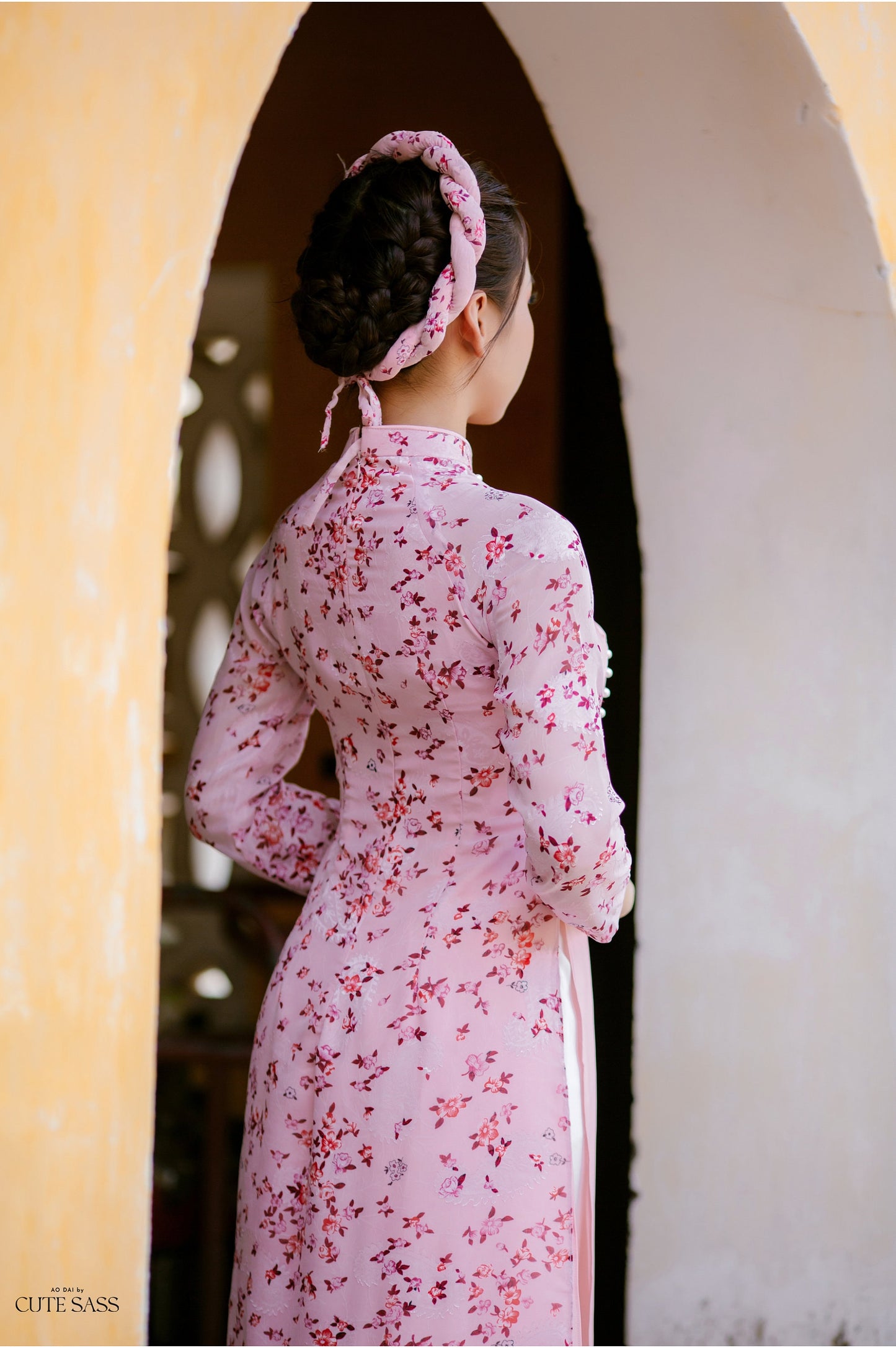 Pink Mini Flowers Chiffon Ao Dai Set with Headband