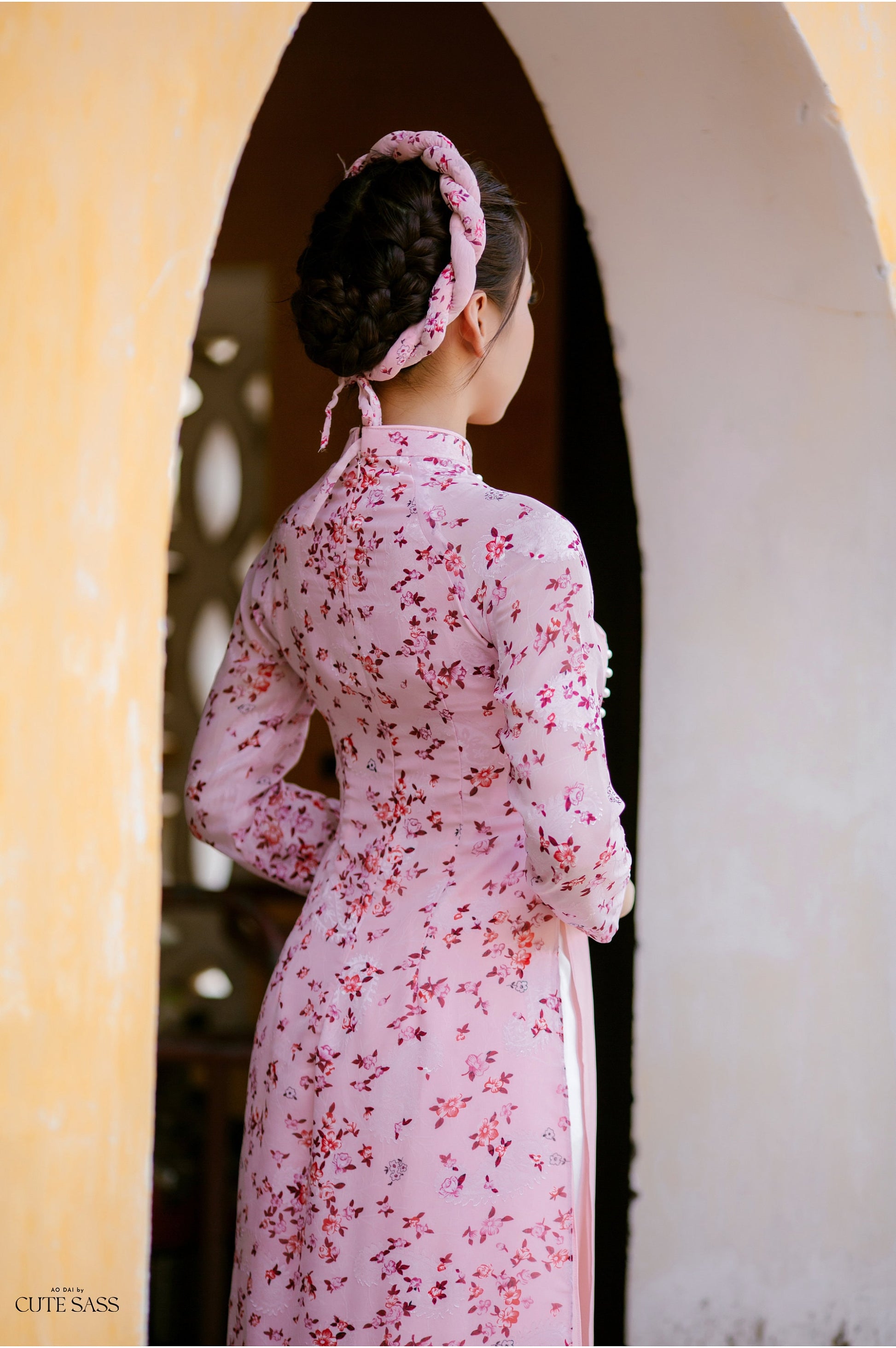 Pink Mini Flowers Chiffon Ao Dai Set with Headband