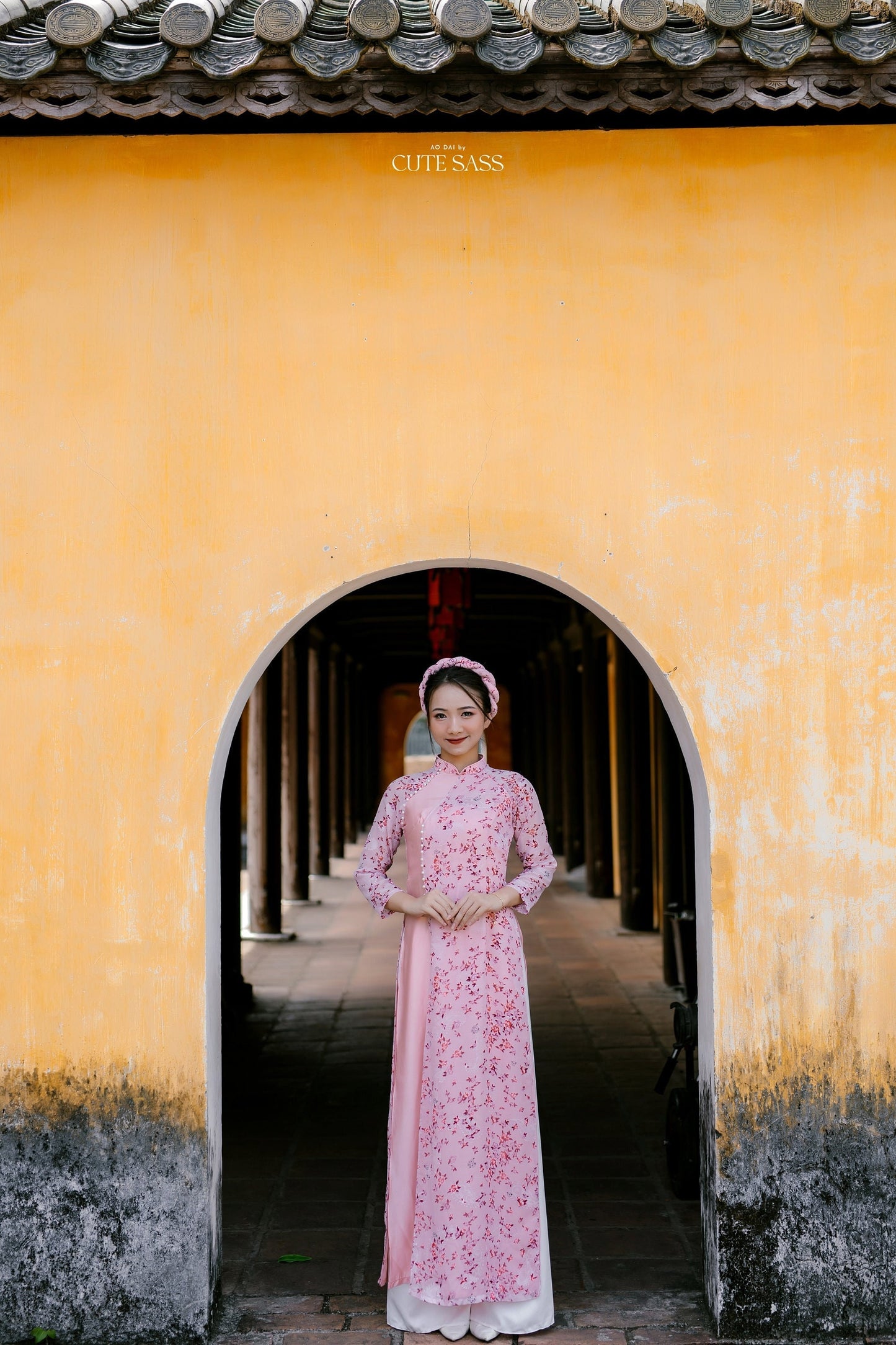 Pink Pearl Mini Flowers Chiffon Ao Dai Set (no headband)