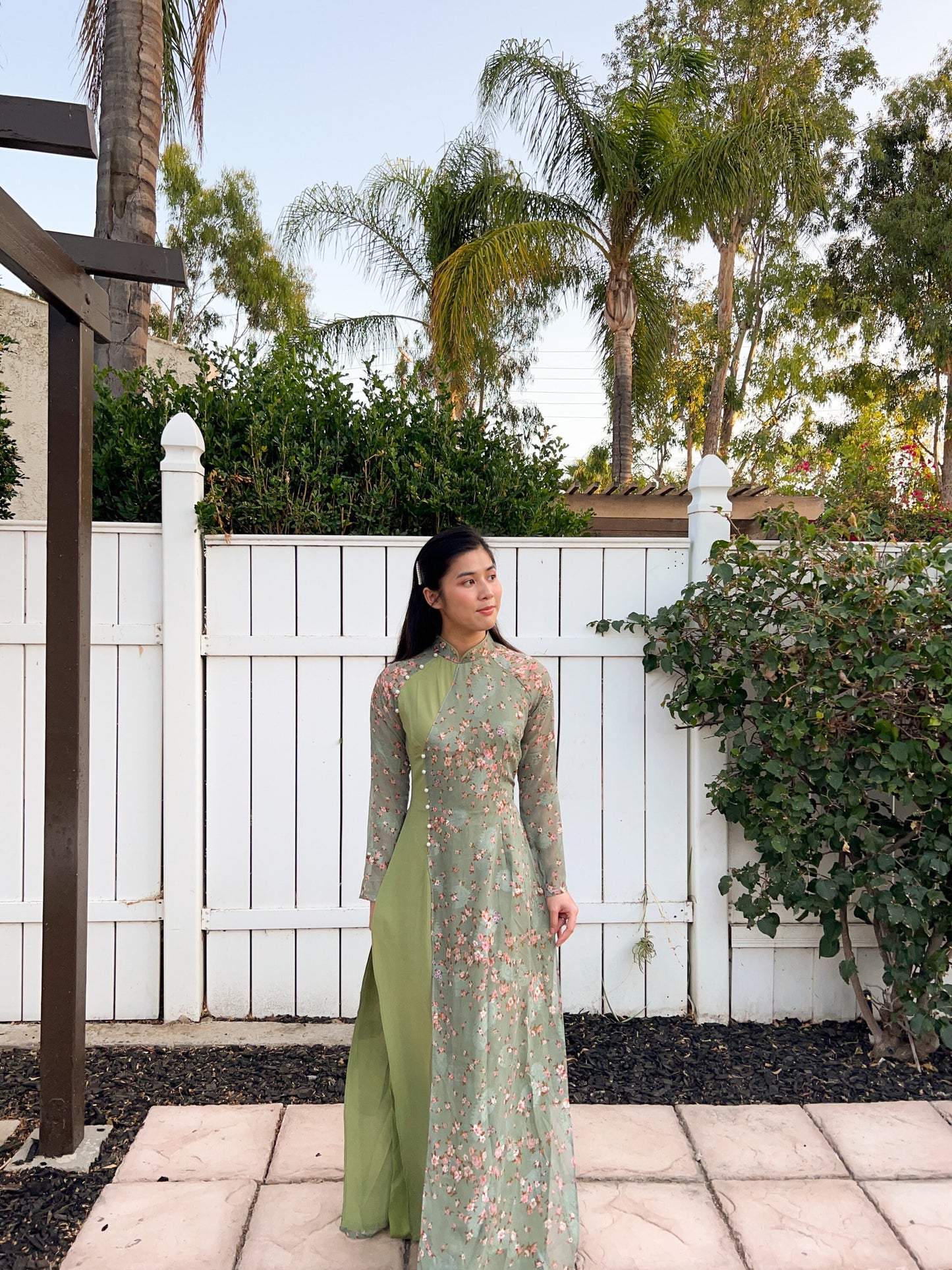 Pink Pearl Mini Flowers Chiffon Ao Dai Set (no headband)