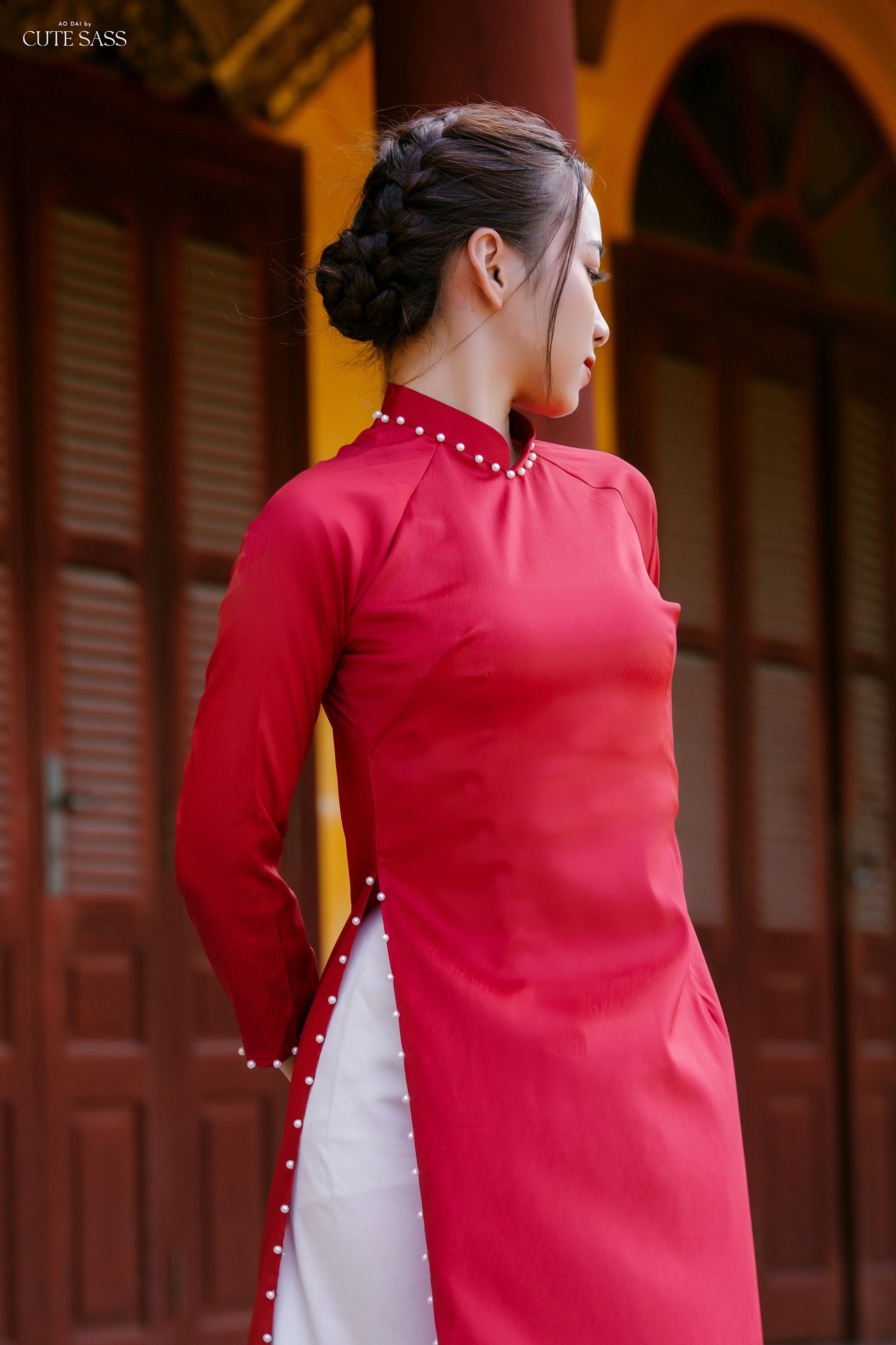 Plain Pearls Ao Dai Set | Pre-made Traditional Vietnamese Ao Dai| Women Ao Dai with Pants | Lunar New Year| Ao Dai Truyen Thong | D1