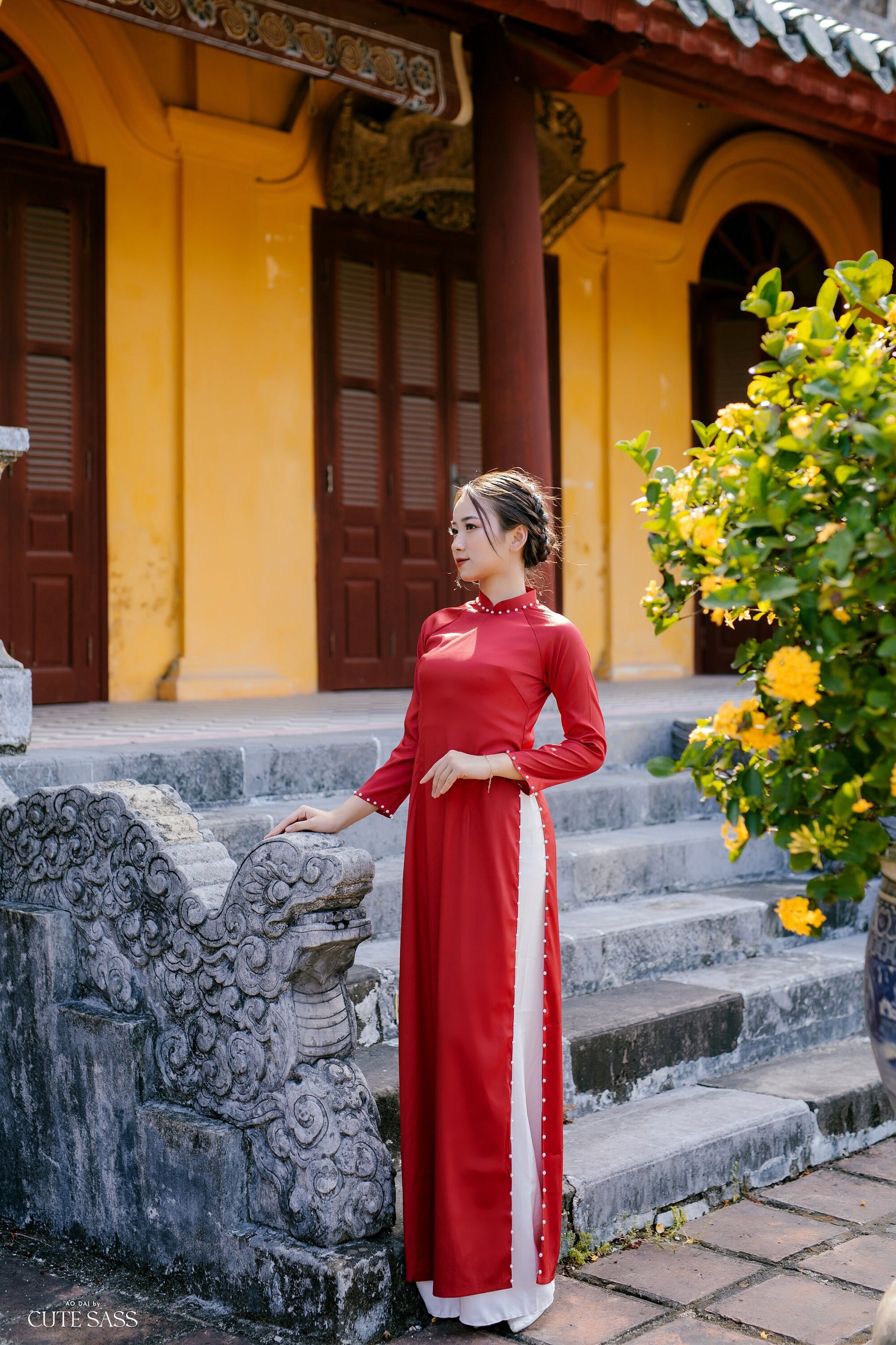 Plain Pearls Ao Dai Set | Pre-made Traditional Vietnamese Ao Dai| Women Ao Dai with Pants | Lunar New Year| Ao Dai Truyen Thong | D1