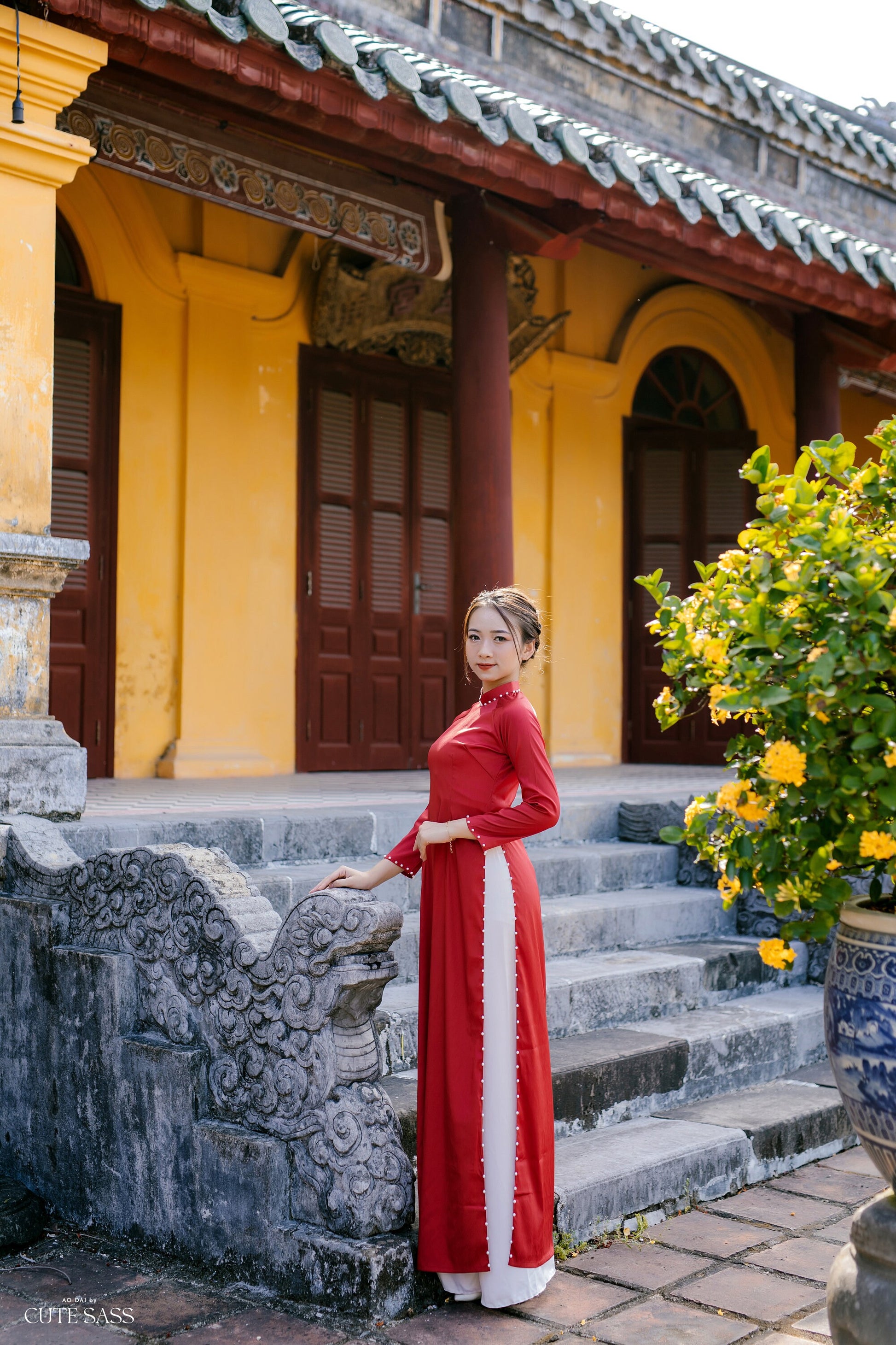 Plain Pearls Ao Dai Set | Pre-made Traditional Vietnamese Ao Dai| Women Ao Dai with Pants | Lunar New Year| Ao Dai Truyen Thong | D1