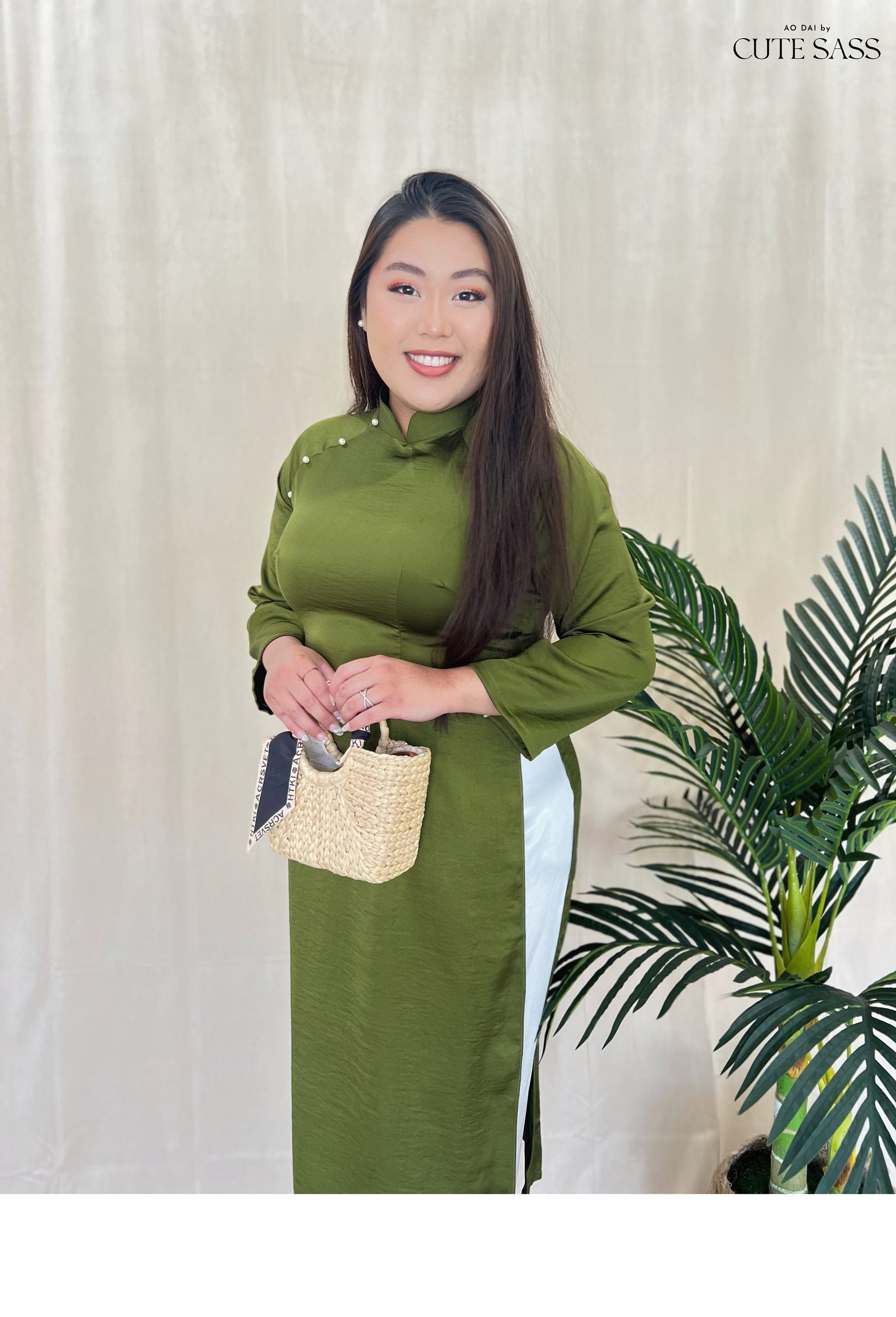 Dark Green Ngoc Trai Silk Pearl Ao Dai Set