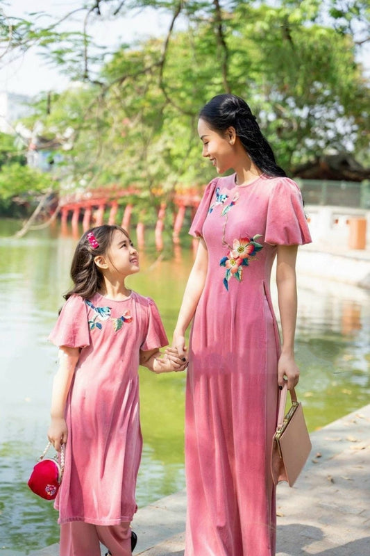 Mom and Daughter Light Pink Embroidery Velvet Ao Dai Top Only, NO PANTS