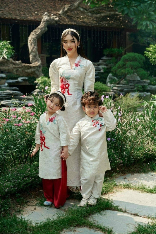 Family White Gam Ao Dai Set